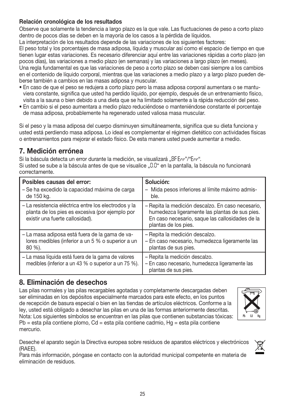 Medición errónea, Eliminación de desechos | Beurer BF 18 User Manual | Page 25 / 52