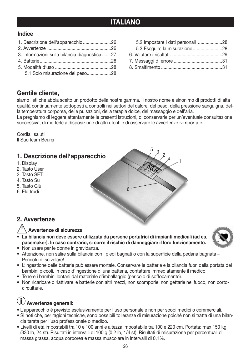 Italiano, Gentile cliente, Descrizione dell‘apparecchio | Avvertenze | Beurer BF 18 User Manual | Page 26 / 52