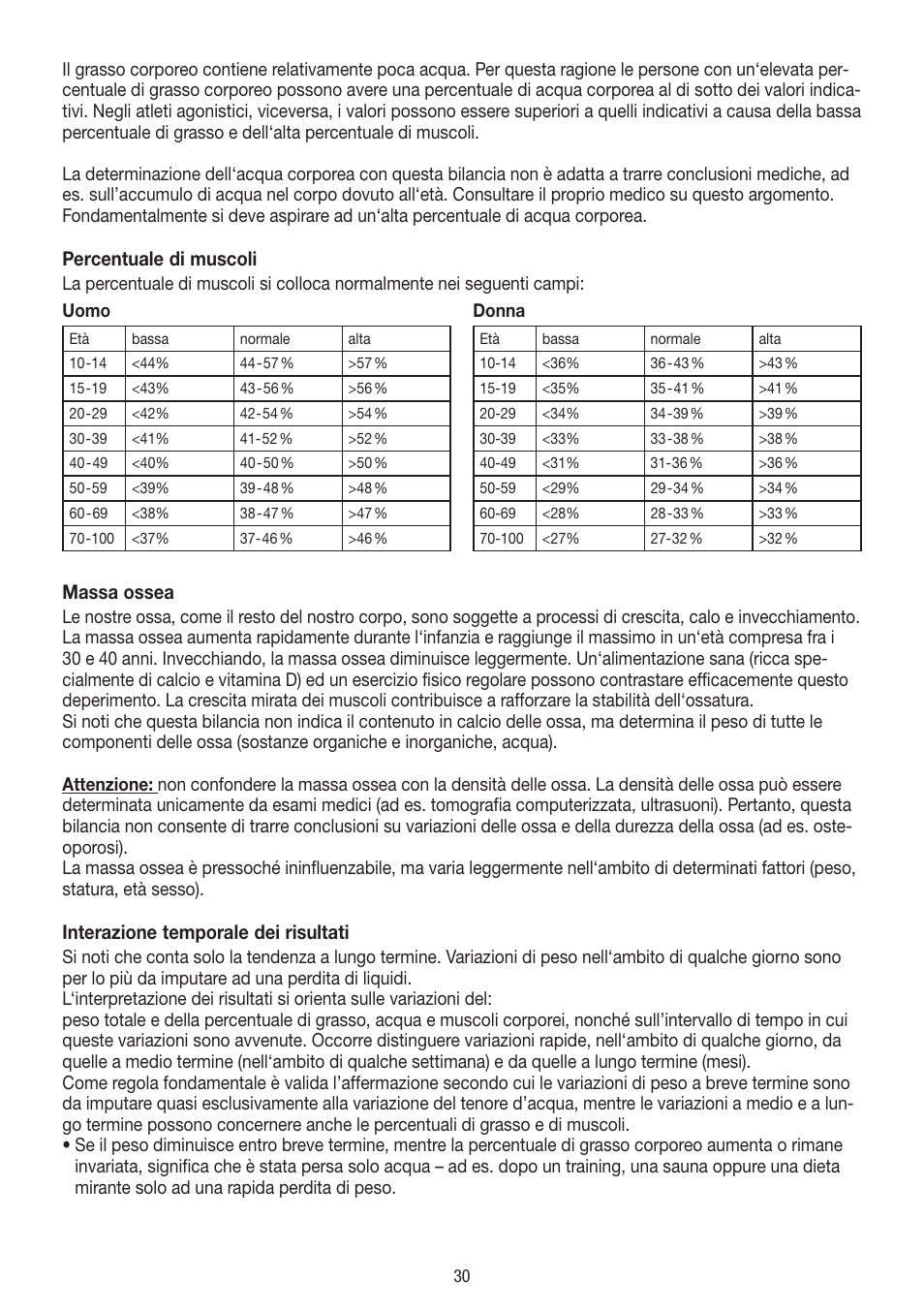 Percentuale di muscoli, Massa ossea, Interazione temporale dei risultati | Beurer BF 18 User Manual | Page 30 / 52