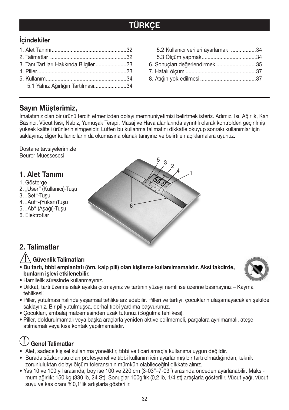 Türkçe, Sayın müşterimiz, Alet tanımı | Talimatlar | Beurer BF 18 User Manual | Page 32 / 52
