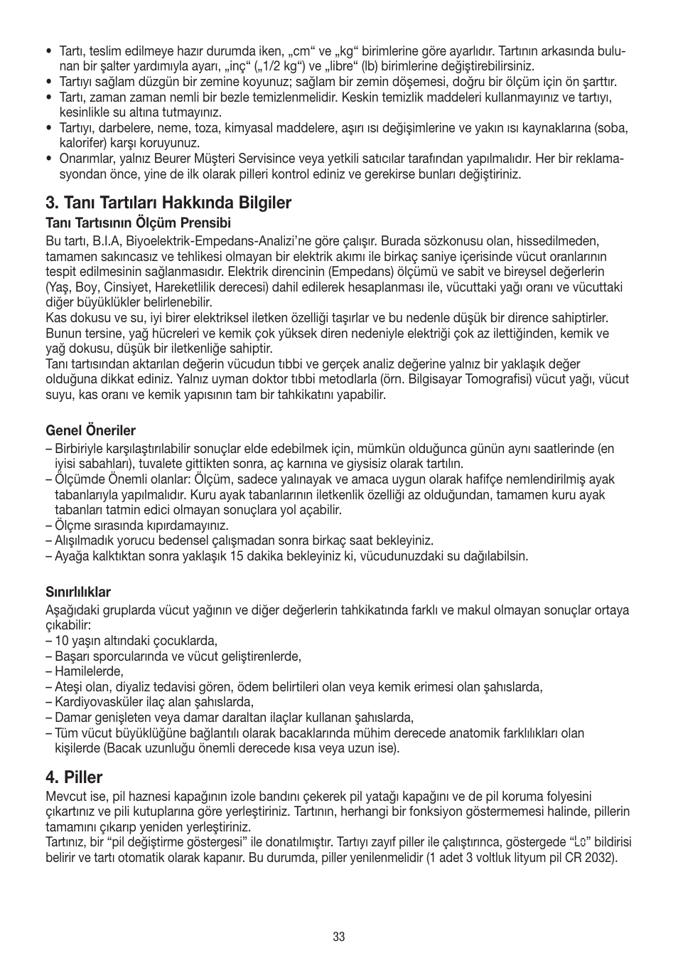 Tanı tartıları hakkında bilgiler, Piller | Beurer BF 18 User Manual | Page 33 / 52