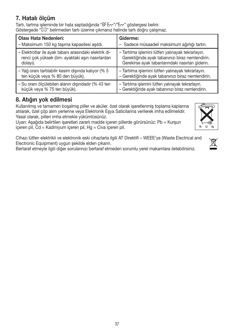 Hatalı ölçüm, Atığın yok edilmesi | Beurer BF 18 User Manual | Page 37 / 52