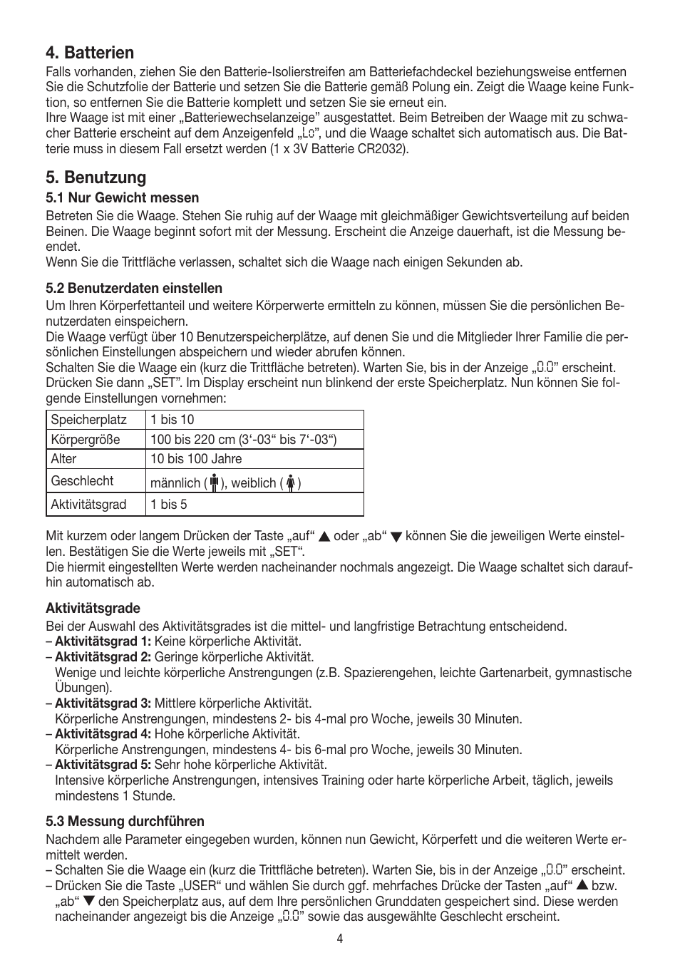 Batterien, Benutzung | Beurer BF 18 User Manual | Page 4 / 52