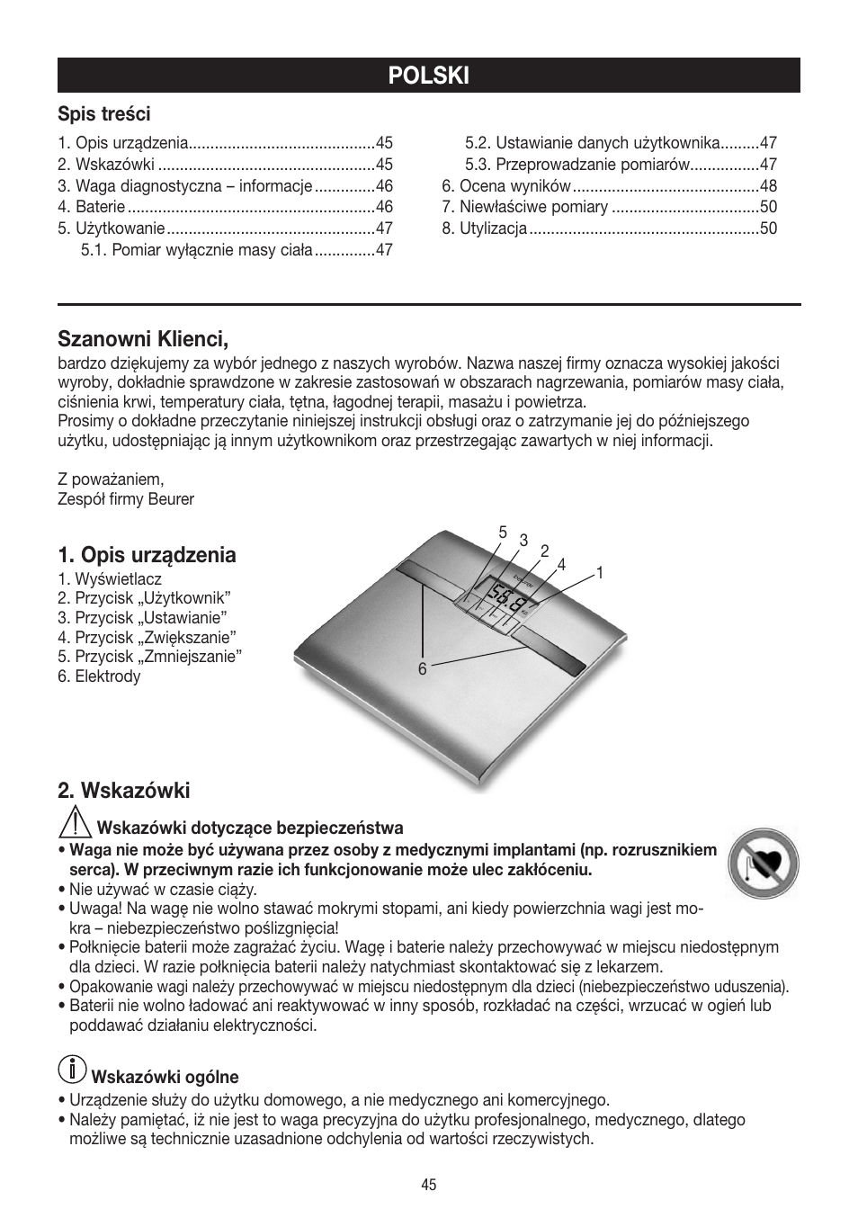 Polski, Szanowni klienci, Opis urządzenia | Wskazówki | Beurer BF 18 User Manual | Page 45 / 52