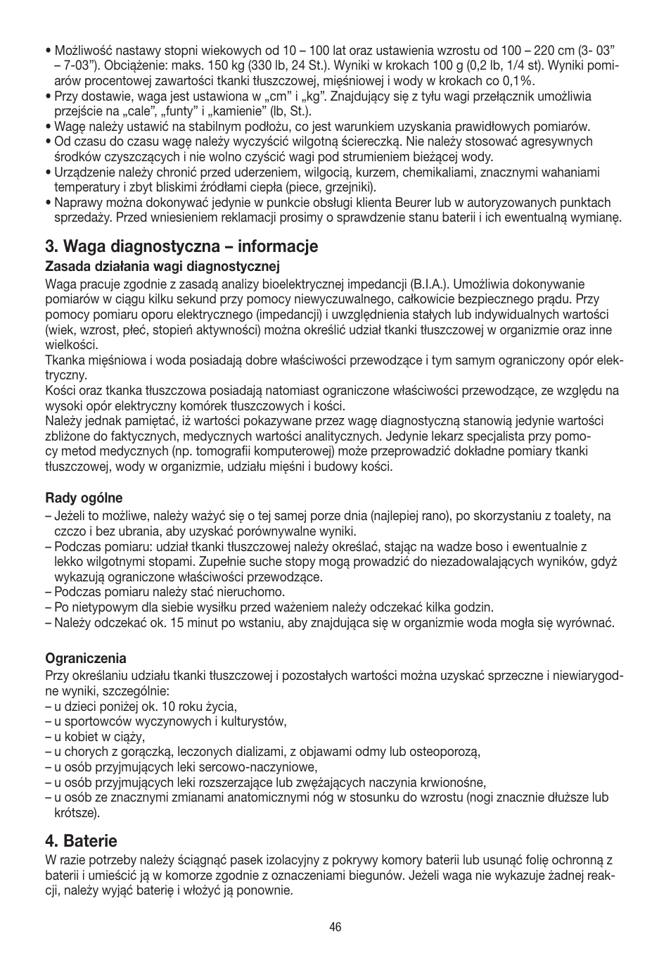 Waga diagnostyczna – informacje, Baterie | Beurer BF 18 User Manual | Page 46 / 52