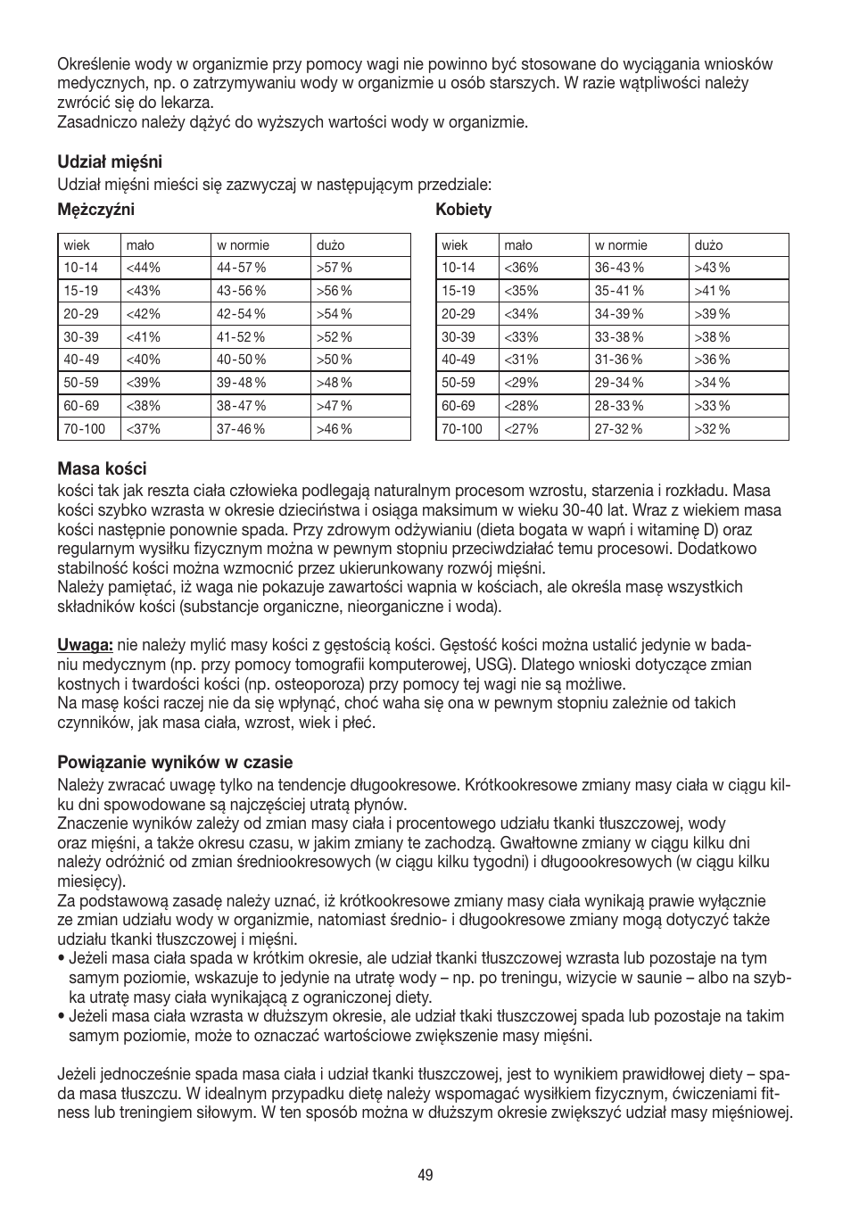 Udział mięśni, Masa kości, Powiązanie wyników w czasie | Beurer BF 18 User Manual | Page 49 / 52