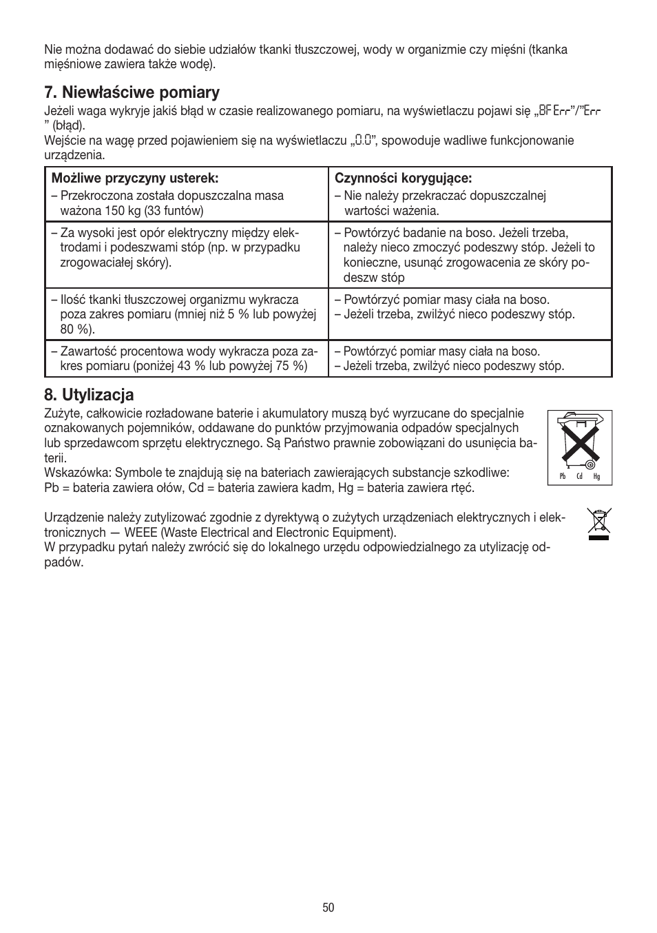 Niewłaściwe pomiary, Utylizacja | Beurer BF 18 User Manual | Page 50 / 52