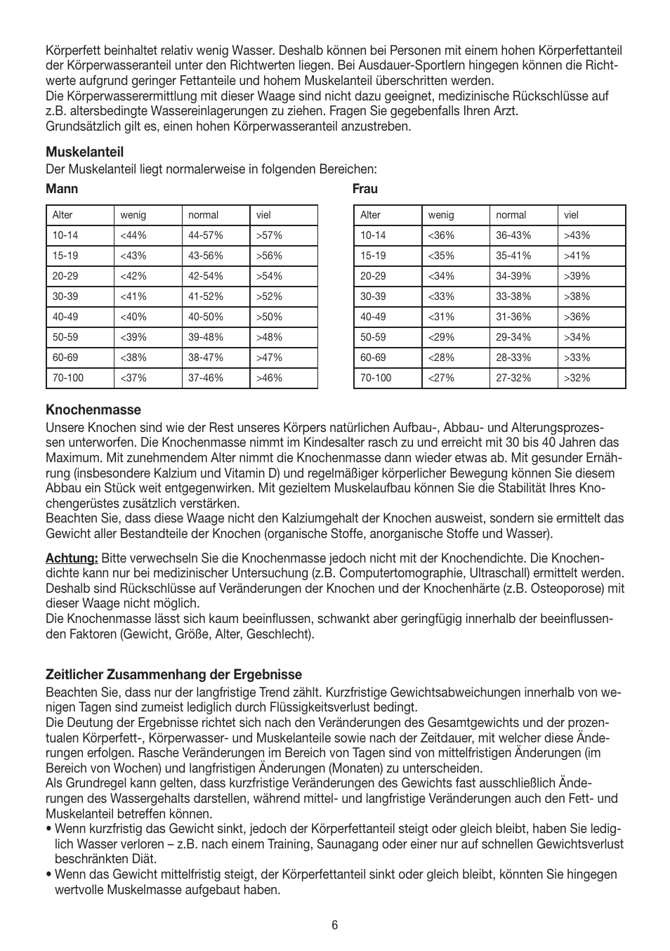 Muskelanteil, Knochenmasse, Zeitlicher zusammenhang der ergebnisse | Beurer BF 18 User Manual | Page 6 / 52