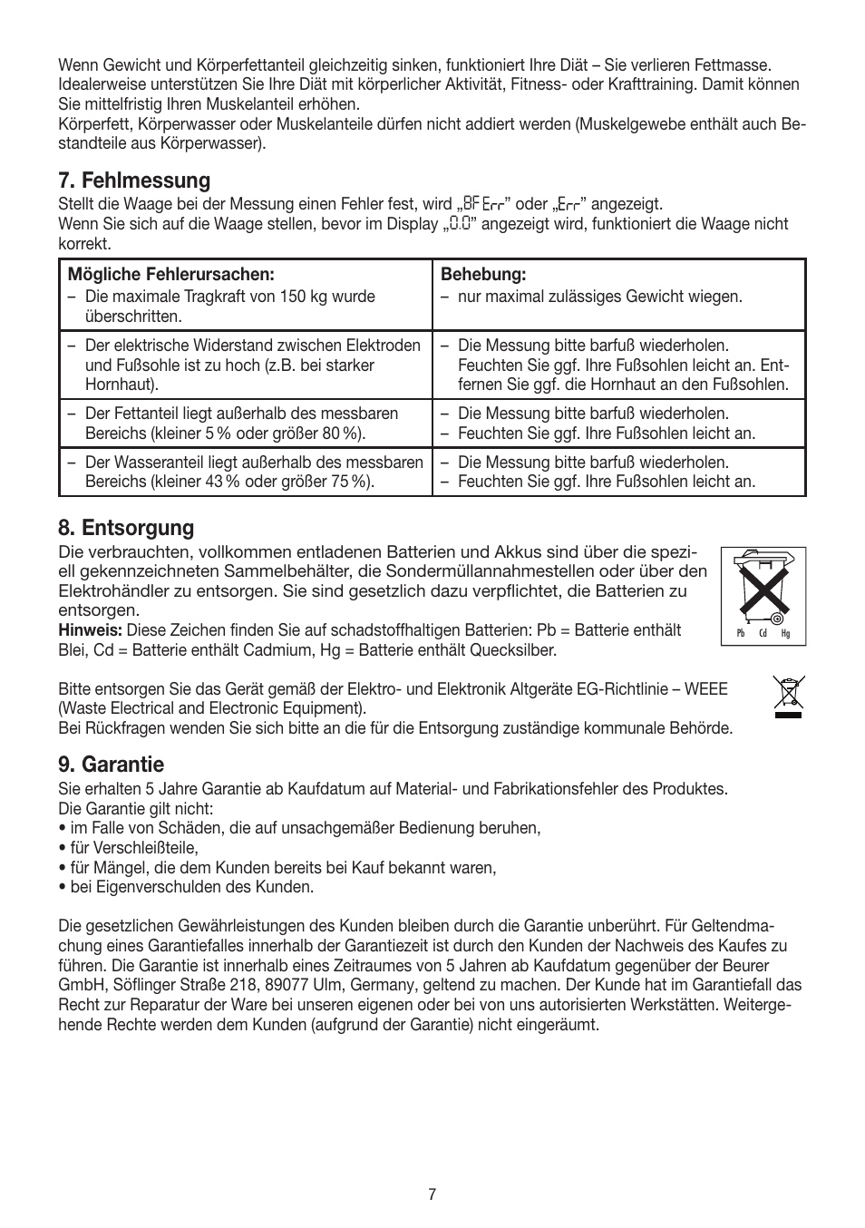 Fehlmessung, Entsorgung, Garantie | Beurer BF 18 User Manual | Page 7 / 52