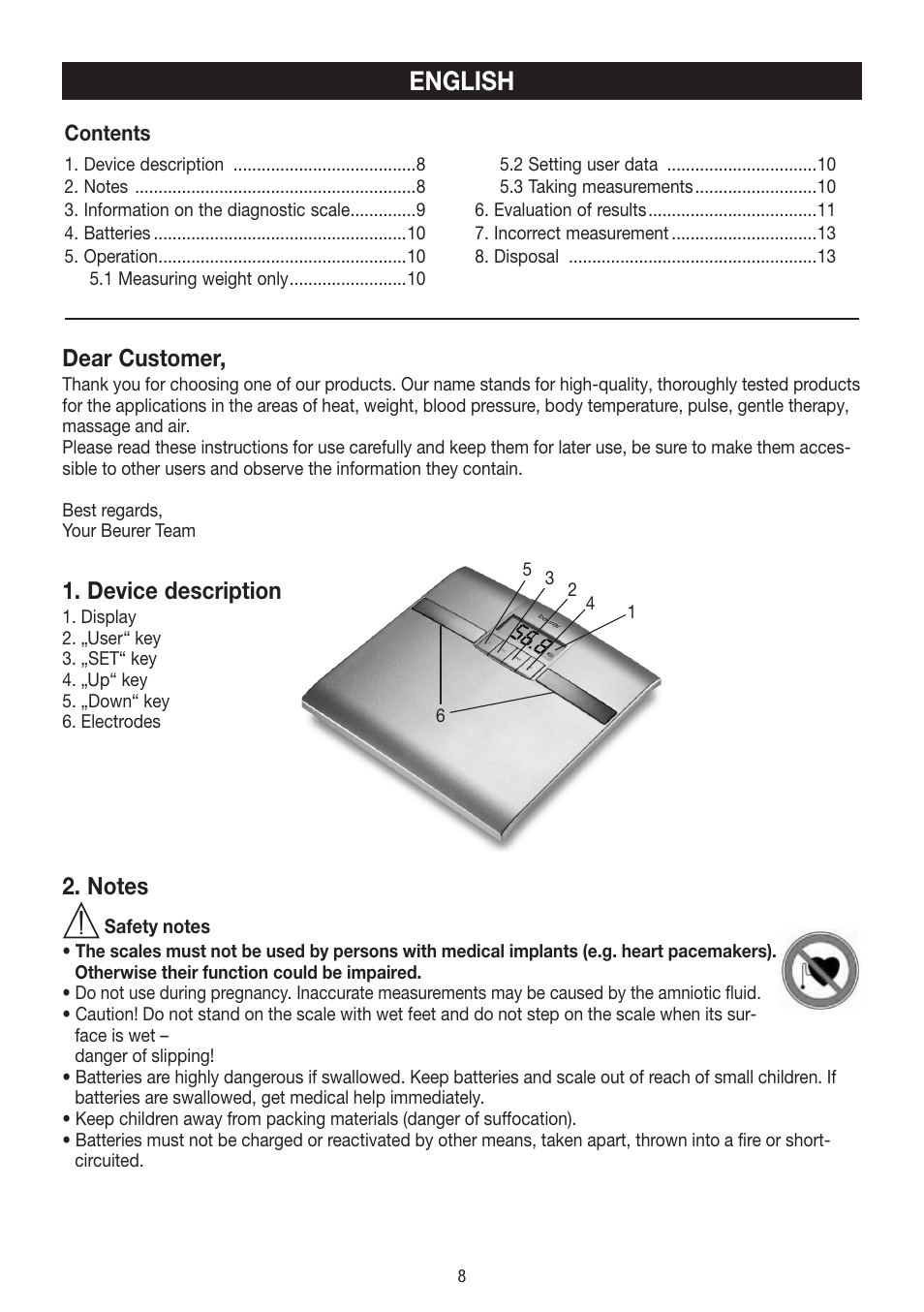 English, Dear customer, Device description | Beurer BF 18 User Manual | Page 8 / 52