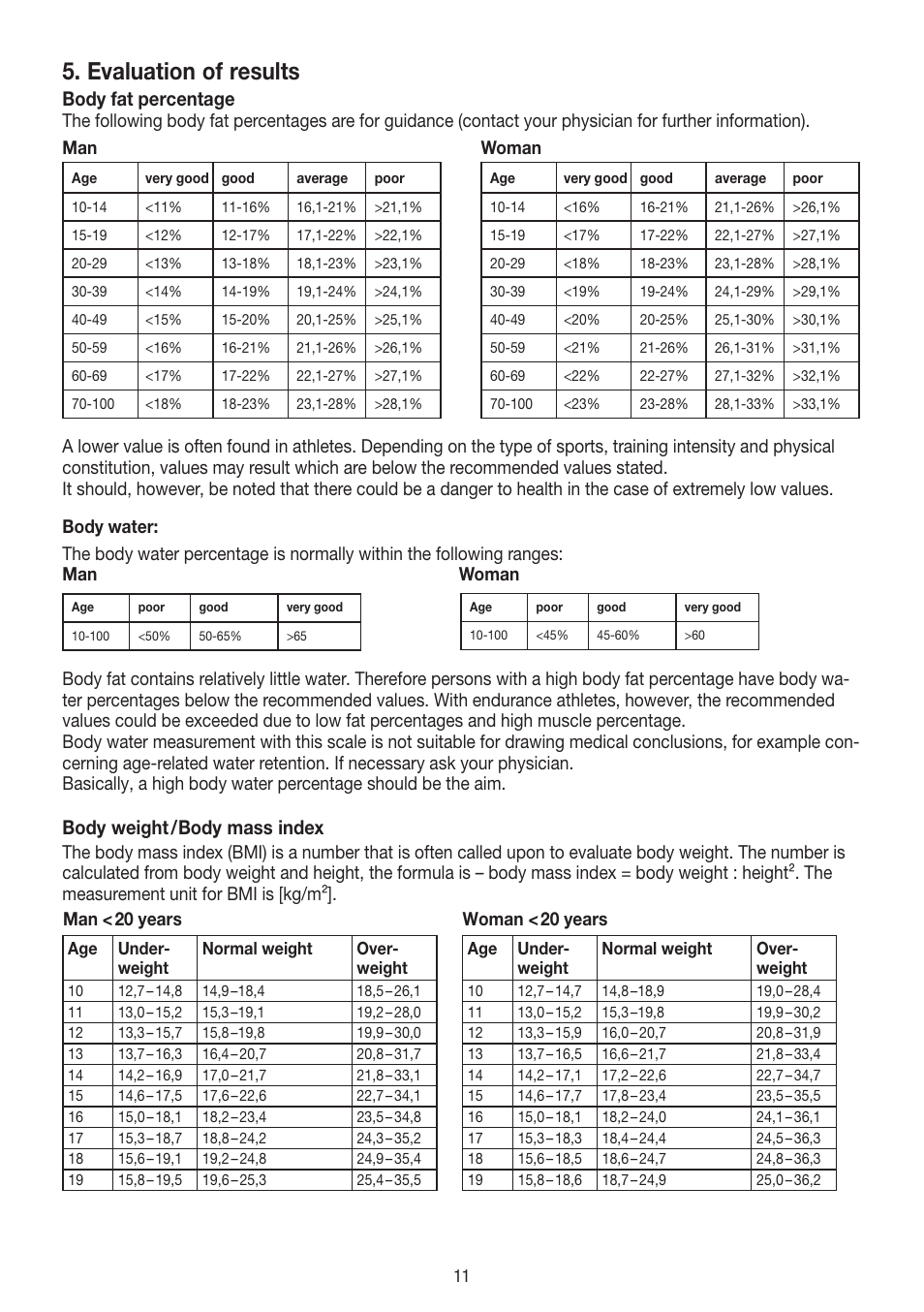 Evaluation of results, Body fat percentage, Body weight / body mass index | Beurer BF 300 User Manual | Page 11 / 44