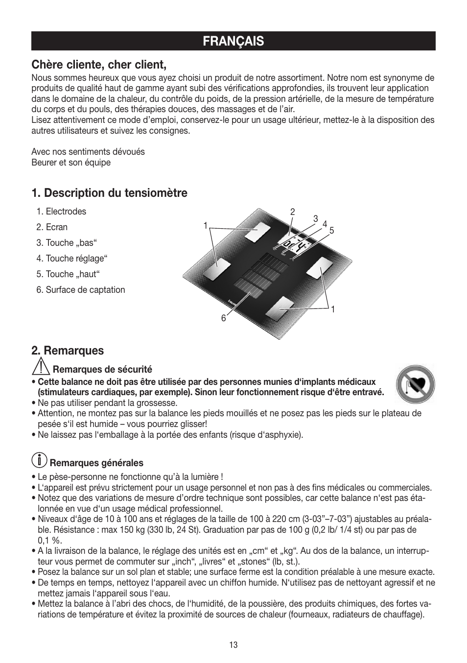 Français, Chère cliente, cher client, Description du tensiomètre | Remarques | Beurer BF 300 User Manual | Page 13 / 44