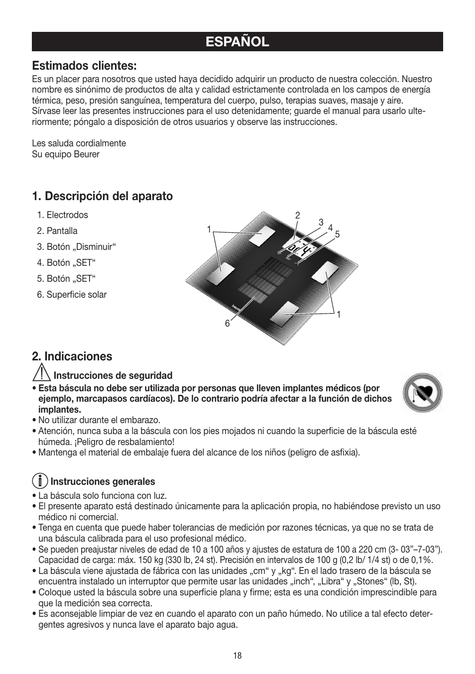 Español, Estimados clientes, Descripción del aparato | Indicaciones | Beurer BF 300 User Manual | Page 18 / 44