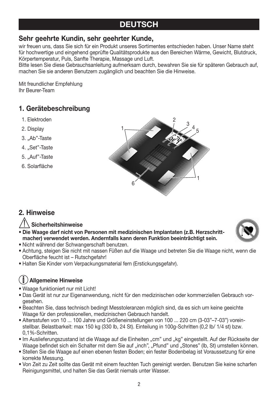 Deutsch, Sehr geehrte kundin, sehr geehrter kunde, Gerätebeschreibung | Hinweise | Beurer BF 300 User Manual | Page 2 / 44