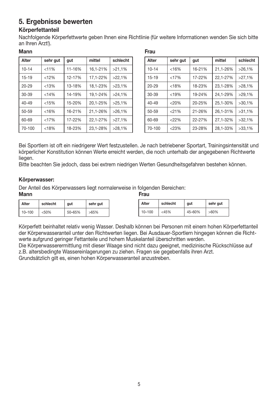 Ergebnisse bewerten, Körperfettanteil | Beurer BF 300 User Manual | Page 5 / 44