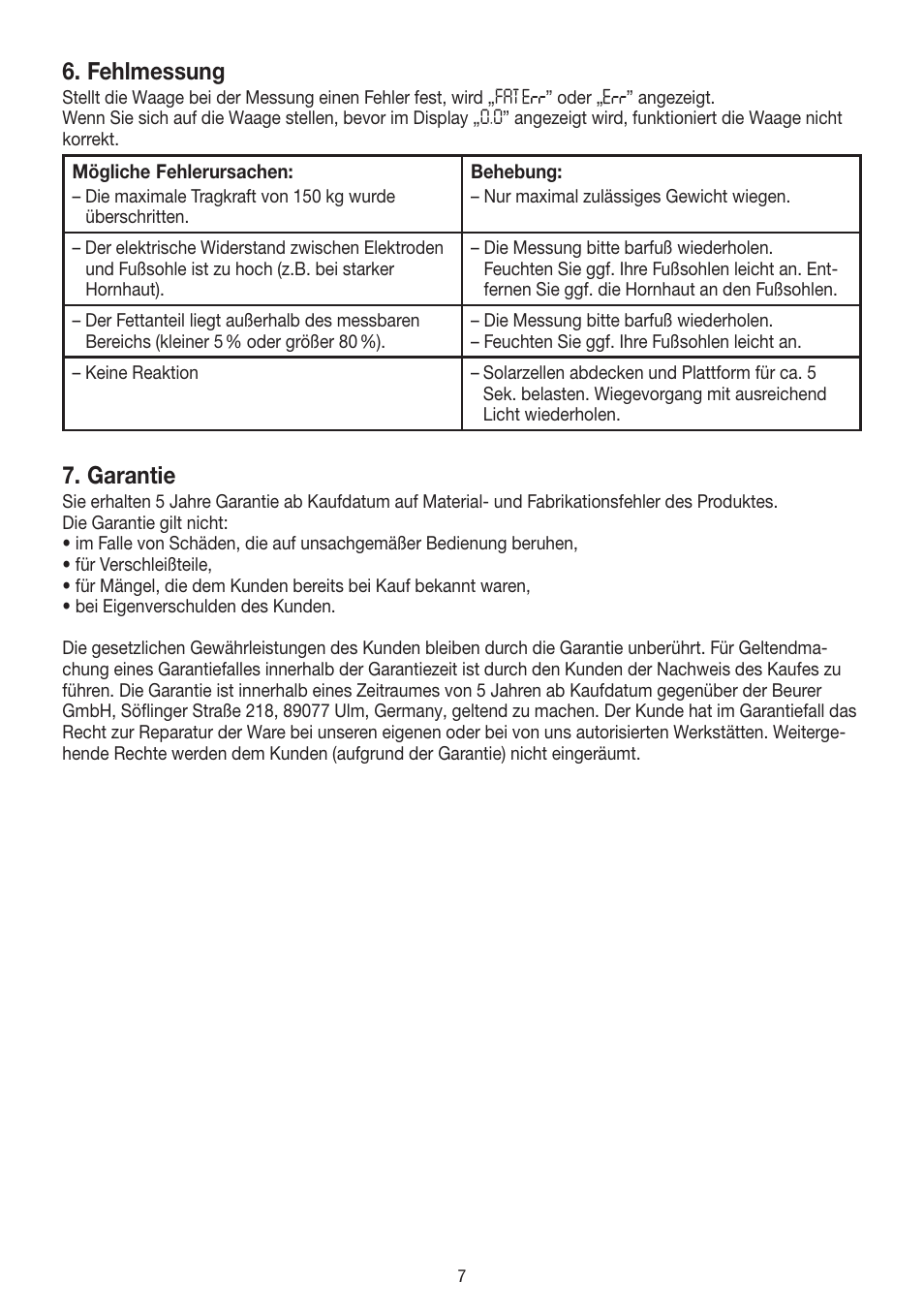Fehlmessung, Garantie | Beurer BF 300 User Manual | Page 7 / 44