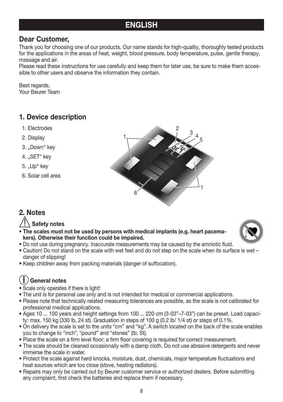 English, Dear customer, Device description | Beurer BF 300 User Manual | Page 8 / 44