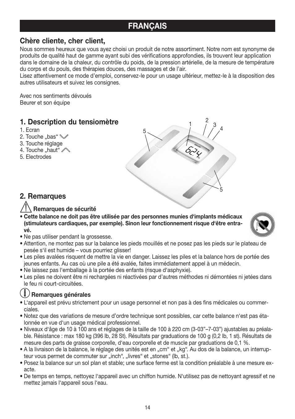 Français, Chère cliente, cher client, Description du tensiomètre | Remarques | Beurer BF 400 User Manual | Page 14 / 52