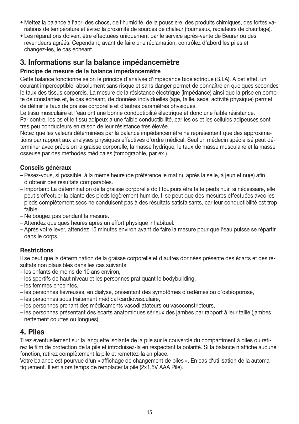 Informations sur la balance impédancemètre, Piles | Beurer BF 400 User Manual | Page 15 / 52