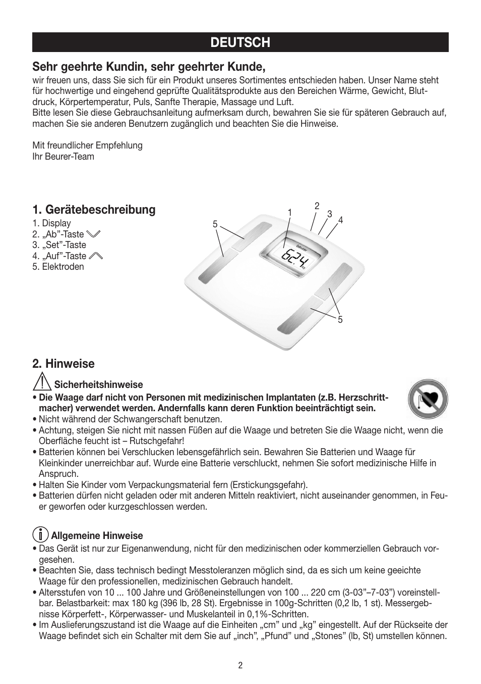 Deutsch, Sehr geehrte kundin, sehr geehrter kunde, Gerätebeschreibung | Hinweise | Beurer BF 400 User Manual | Page 2 / 52