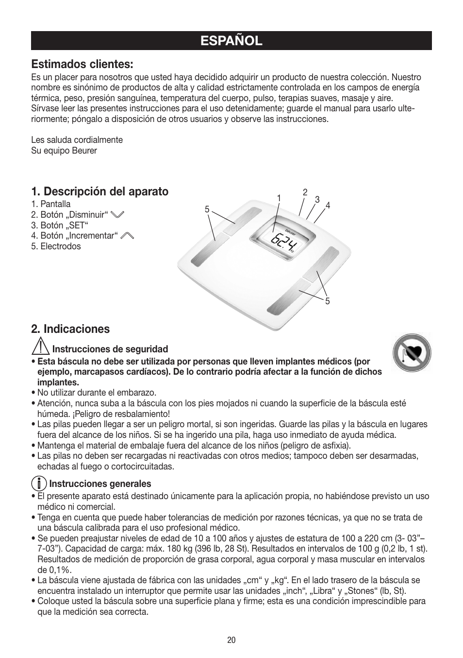 Español, Estimados clientes, Descripción del aparato | Indicaciones | Beurer BF 400 User Manual | Page 20 / 52
