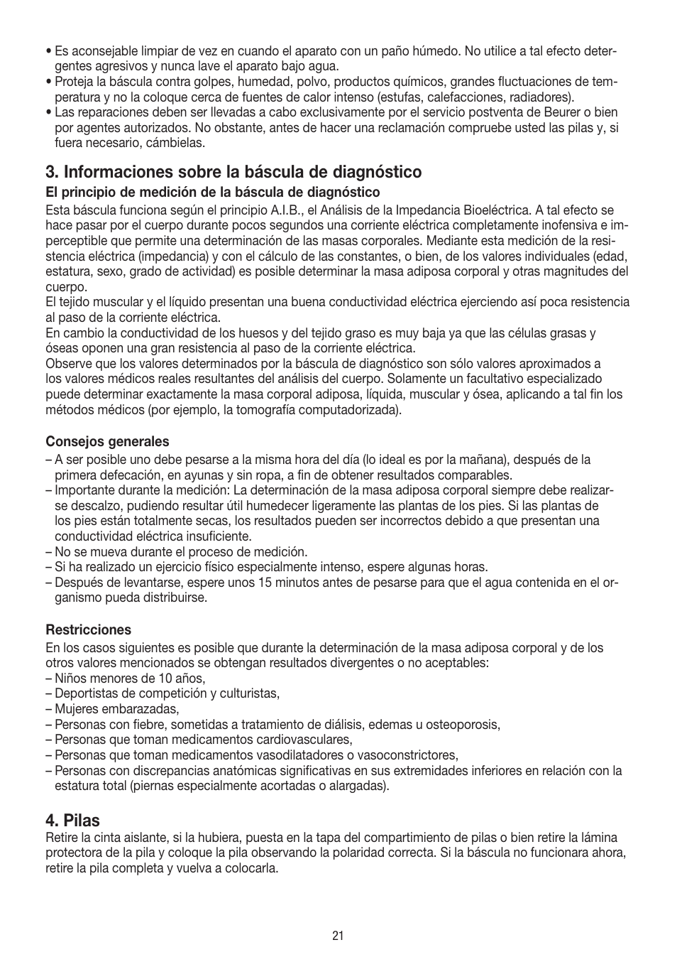 Informaciones sobre la báscula de diagnóstico, Pilas | Beurer BF 400 User Manual | Page 21 / 52