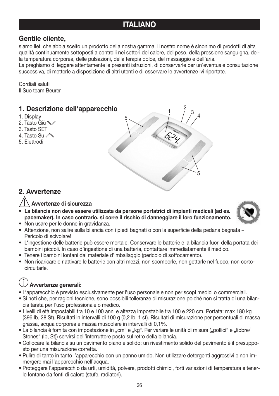 Italiano, Gentile cliente, Descrizione dell‘apparecchio | Avvertenze | Beurer BF 400 User Manual | Page 26 / 52
