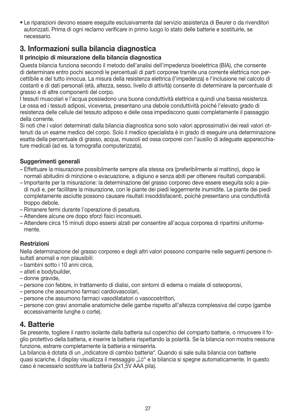 Informazioni sulla bilancia diagnostica, Batterie | Beurer BF 400 User Manual | Page 27 / 52