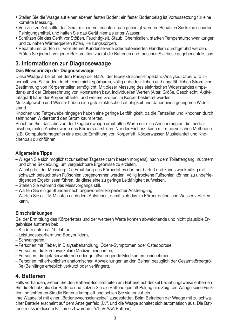 Informationen zur diagnosewaage, Batterien | Beurer BF 400 User Manual | Page 3 / 52