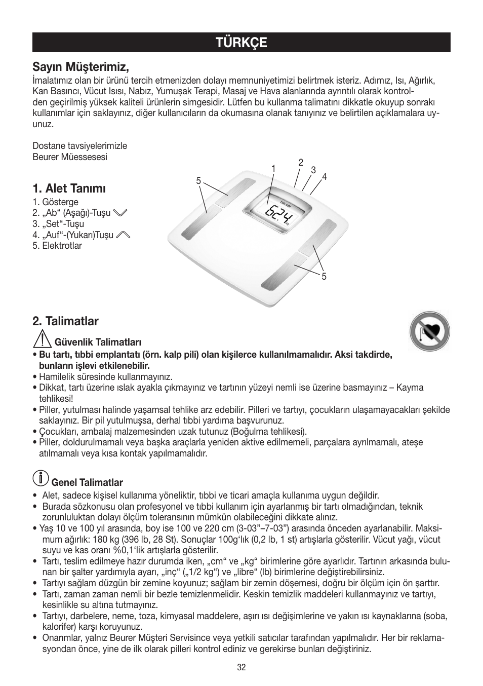 Türkçe, Sayın müşterimiz, Alet tanımı | Talimatlar | Beurer BF 400 User Manual | Page 32 / 52