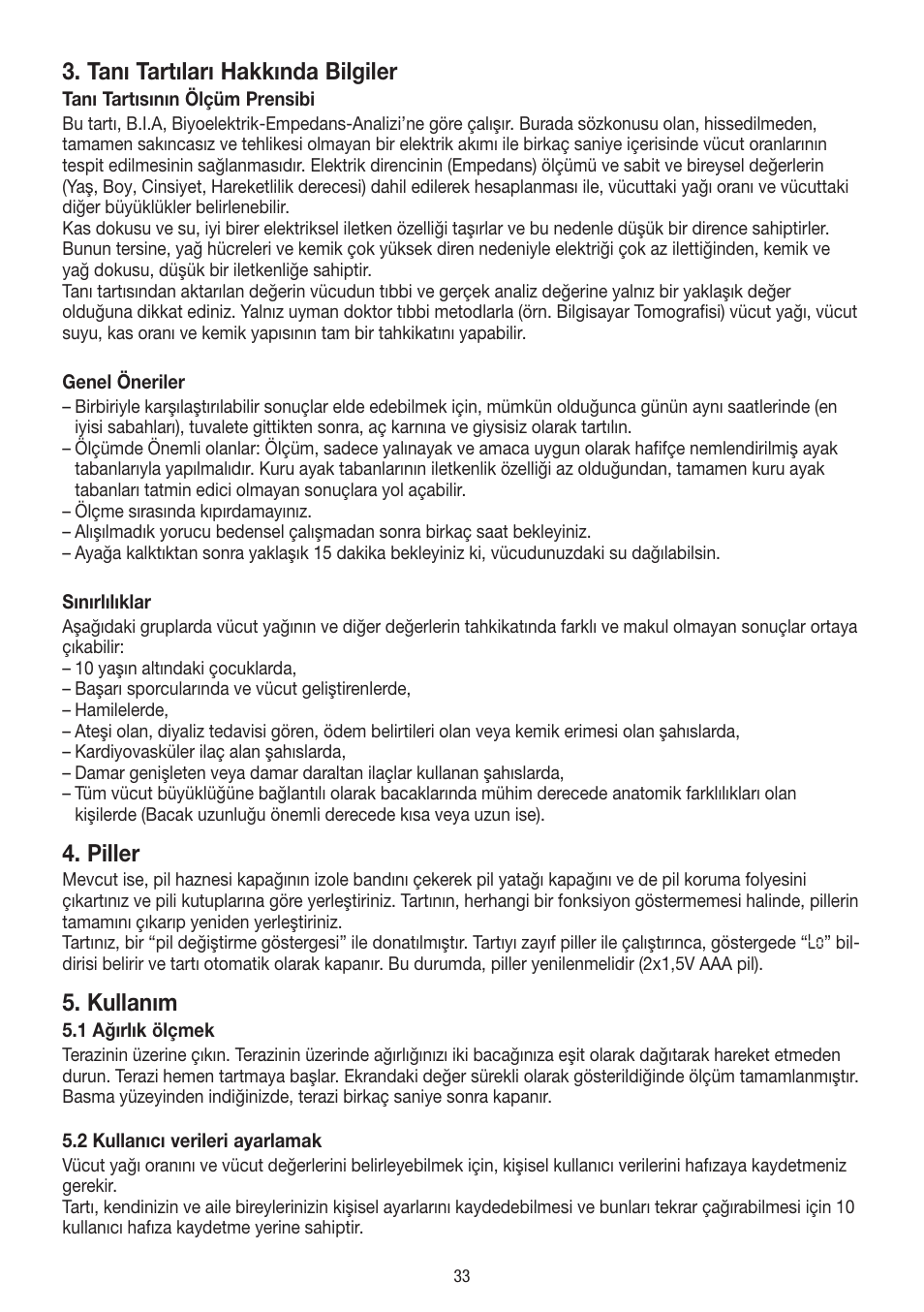 Tanı tartıları hakkında bilgiler, Piller, Kullanım | Beurer BF 400 User Manual | Page 33 / 52