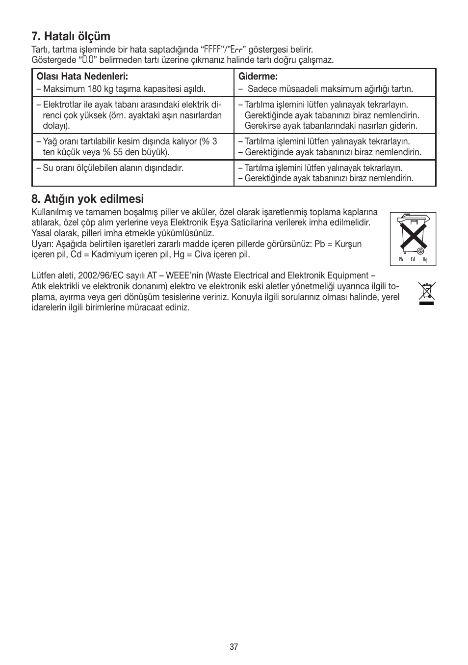 Hatalı ölçüm, Atığın yok edilmesi | Beurer BF 400 User Manual | Page 37 / 52