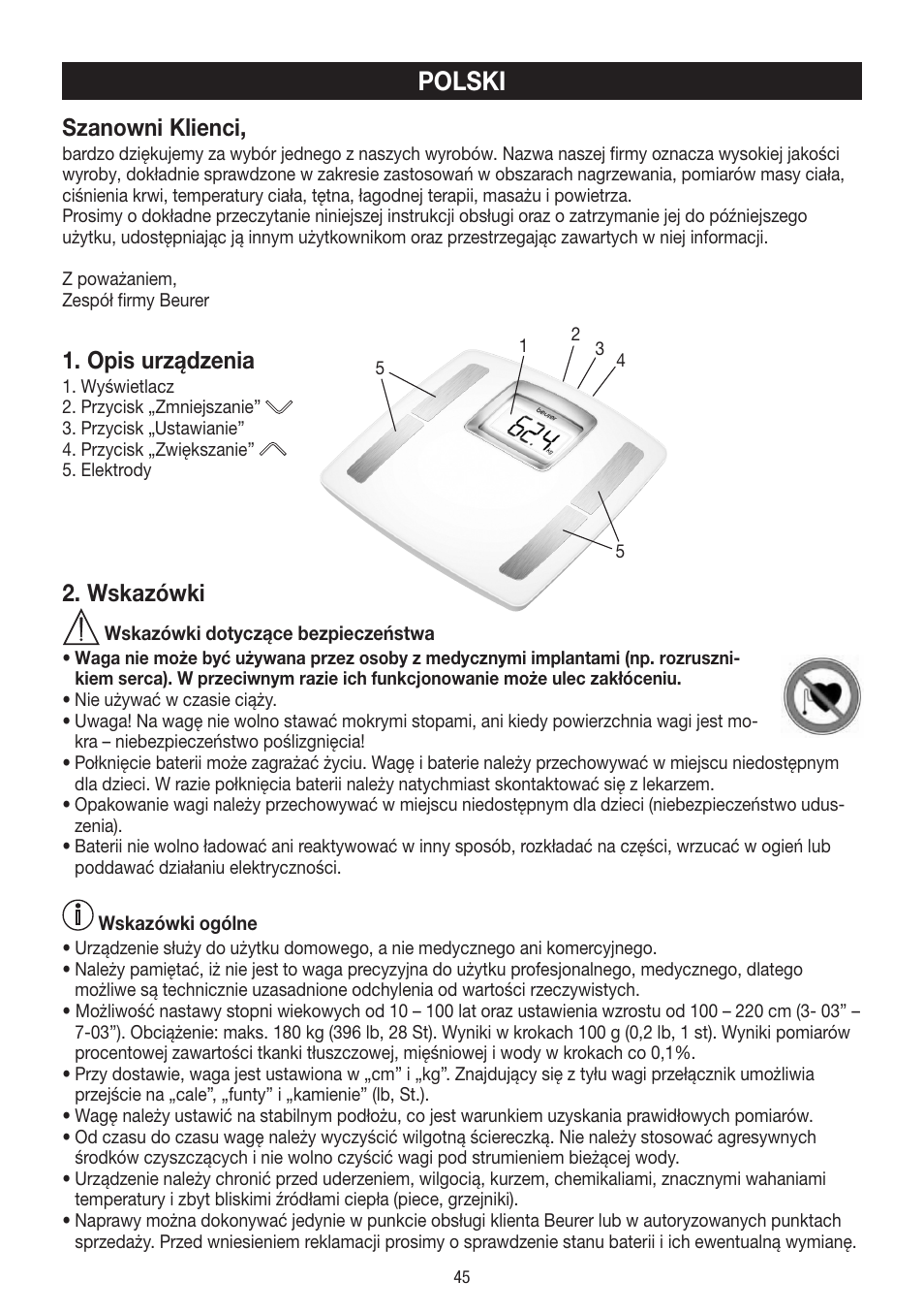 Polski, Szanowni klienci, Opis urządzenia | Wskazówki | Beurer BF 400 User Manual | Page 45 / 52