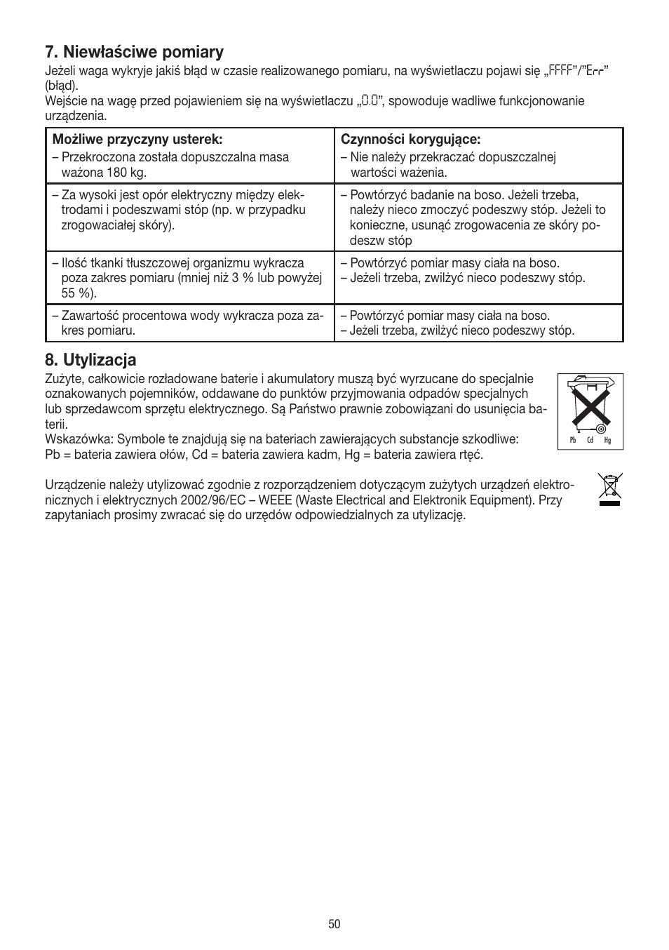 Niewłaściwe pomiary, Utylizacja | Beurer BF 400 User Manual | Page 50 / 52