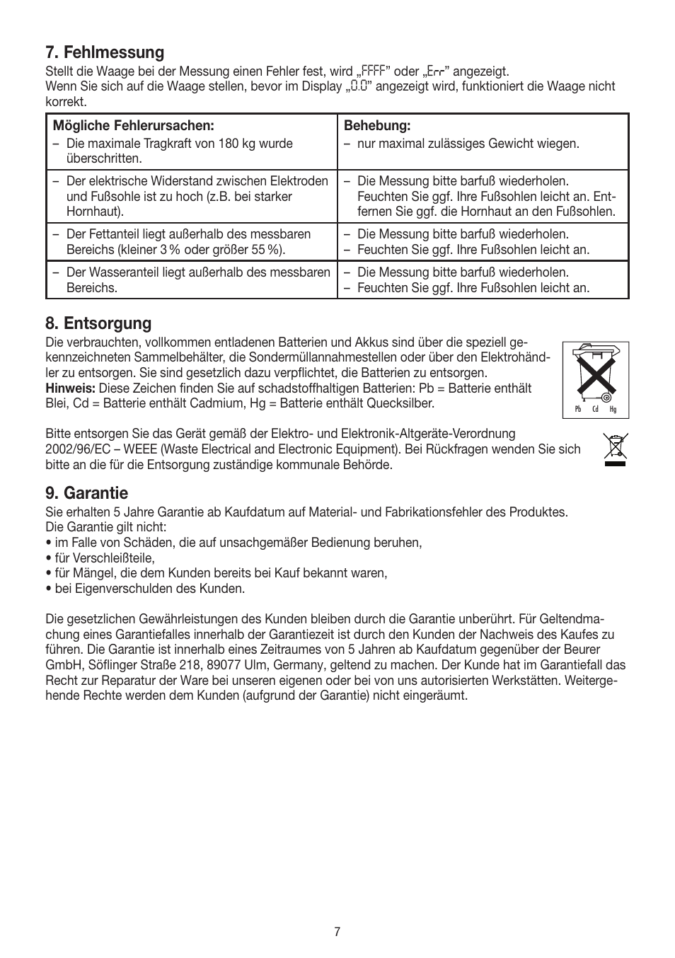 Fehlmessung, Entsorgung, Garantie | Beurer BF 400 User Manual | Page 7 / 52