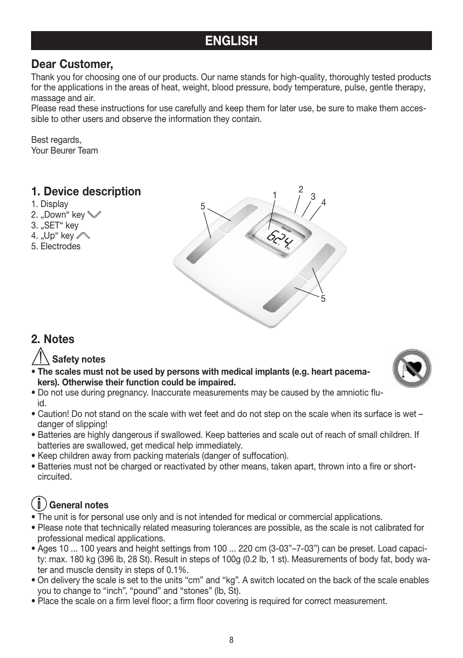 English, Dear customer, Device description | Beurer BF 400 User Manual | Page 8 / 52