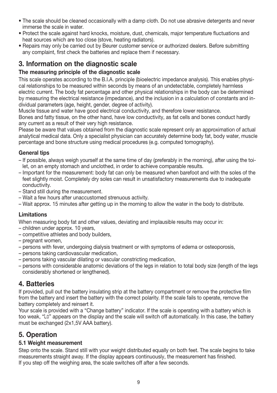 Information on the diagnostic scale, Batteries, Operation | Beurer BF 400 User Manual | Page 9 / 52