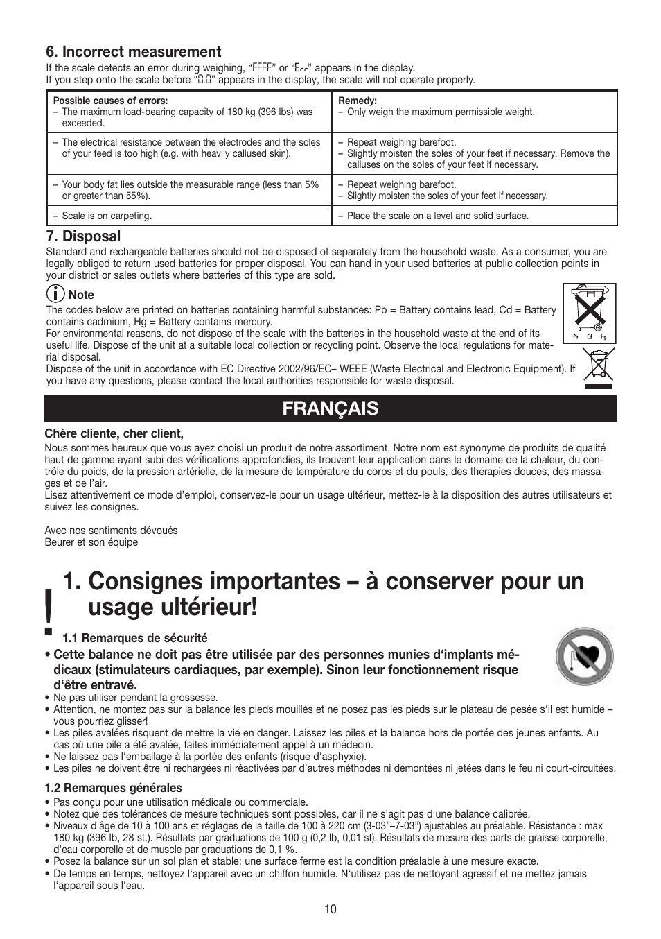 Français, Incorrect measurement, Disposal | Beurer BF 480 User Manual | Page 10 / 32