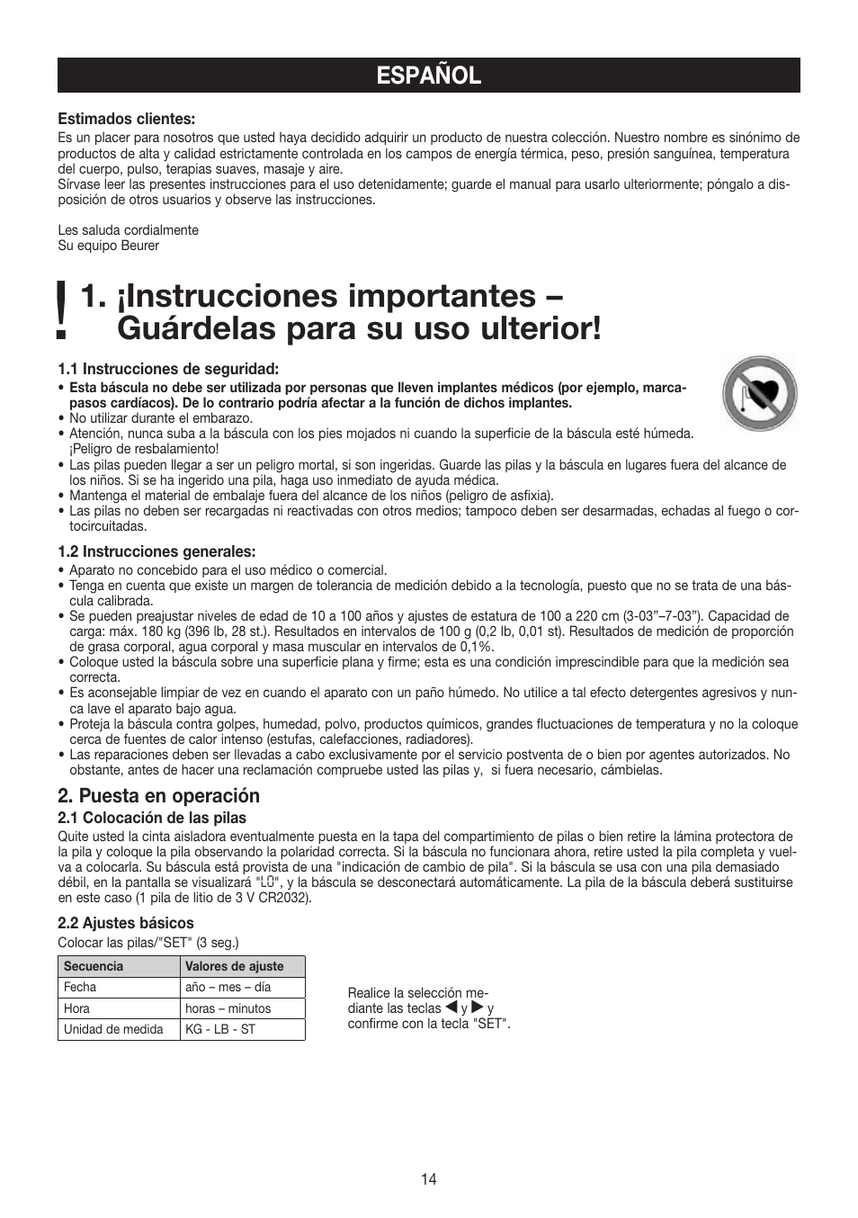 Español, Puesta en operación | Beurer BF 480 User Manual | Page 14 / 32