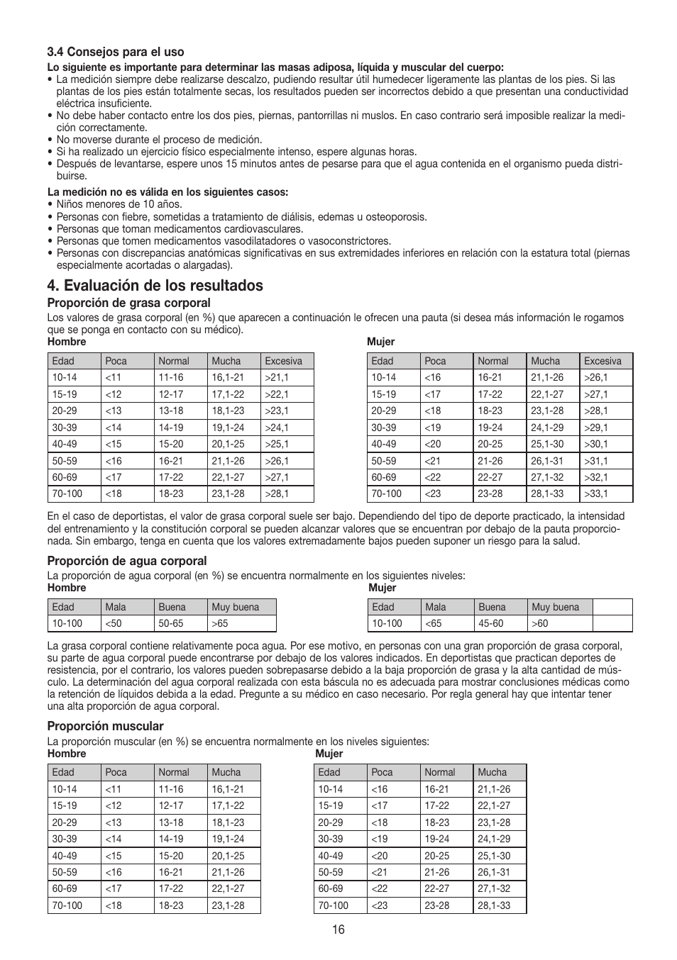 Evaluación de los resultados, 16 3.4 consejos para el uso, Proporción de grasa corporal | Proporción de agua corporal, Proporción muscular | Beurer BF 480 User Manual | Page 16 / 32