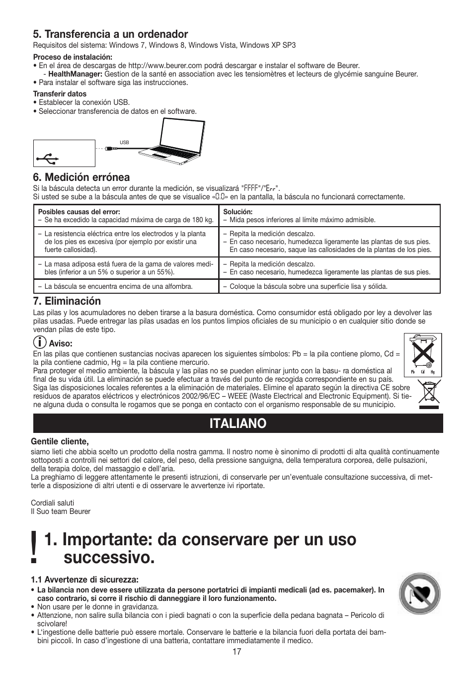 Importante: da conservare per un uso successivo, Italiano, Transferencia a un ordenador | Medición errónea, Eliminación | Beurer BF 480 User Manual | Page 17 / 32