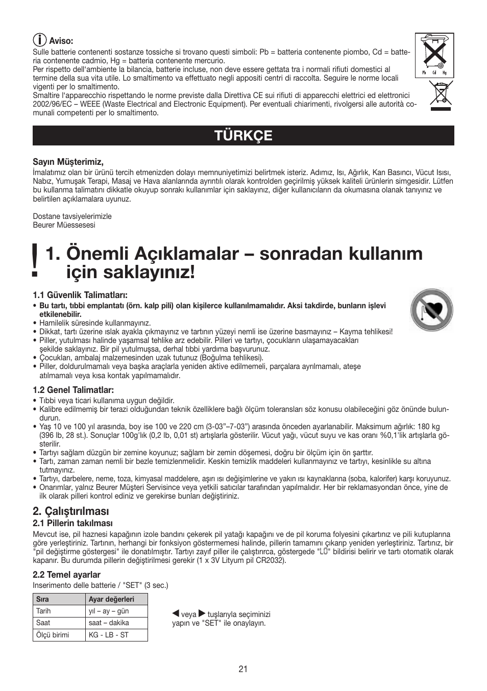 Türkçe, Çalıştırılması | Beurer BF 480 User Manual | Page 21 / 32