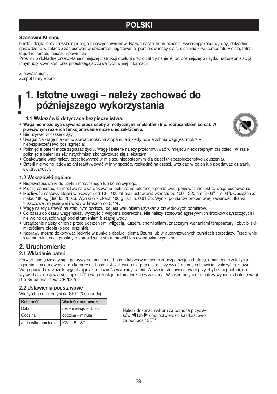 Polski, Uruchomienie | Beurer BF 480 User Manual | Page 29 / 32