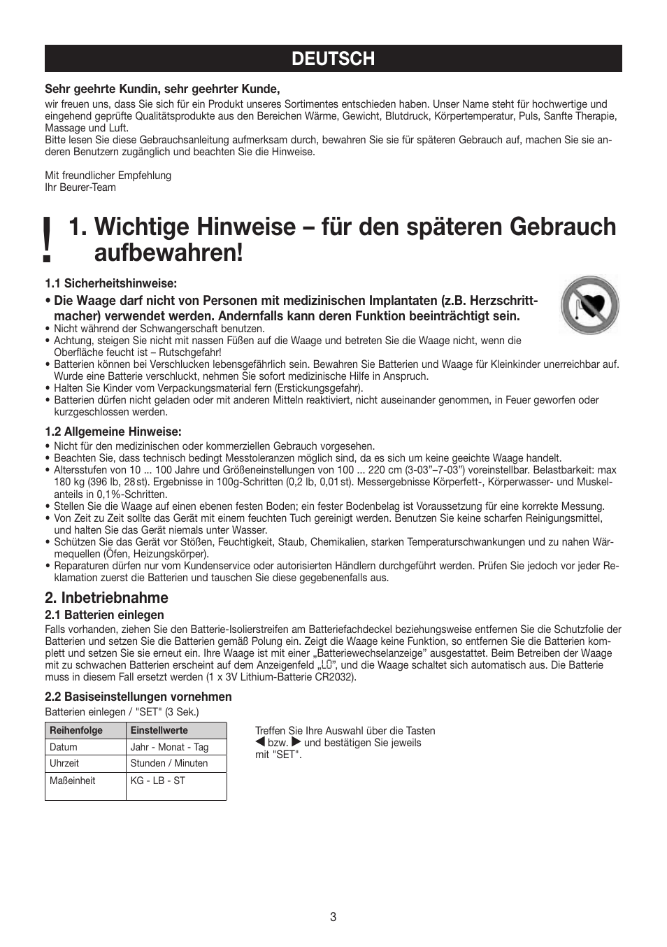 Deutsch, Inbetriebnahme | Beurer BF 480 User Manual | Page 3 / 32