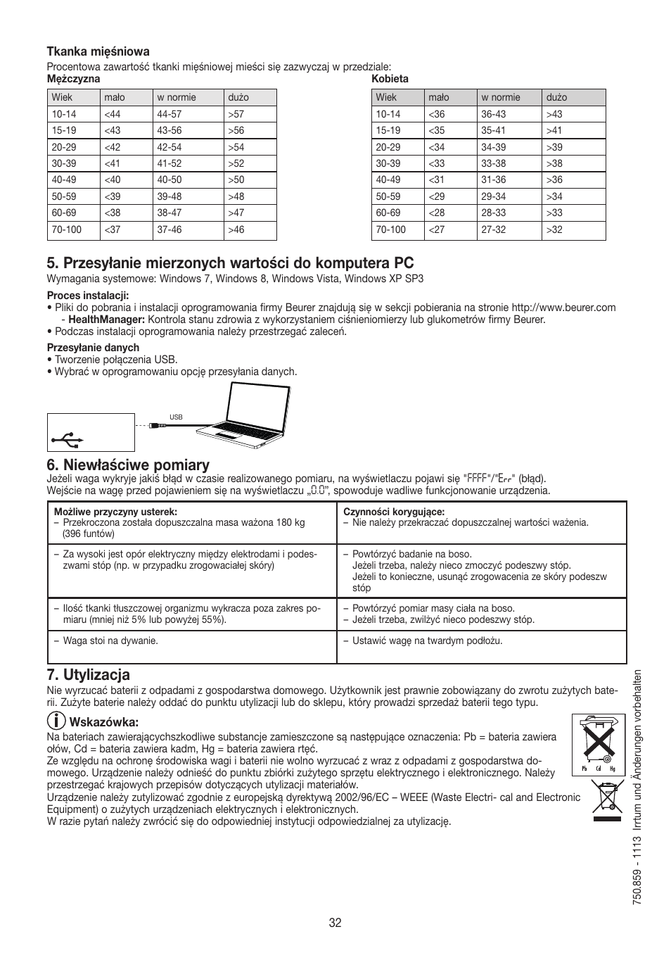 Przesyłanie mierzonych wartości do komputera pc, Niewłaściwe pomiary, Utylizacja | 32 tkanka mięśniowa, Wskazówka | Beurer BF 480 User Manual | Page 32 / 32