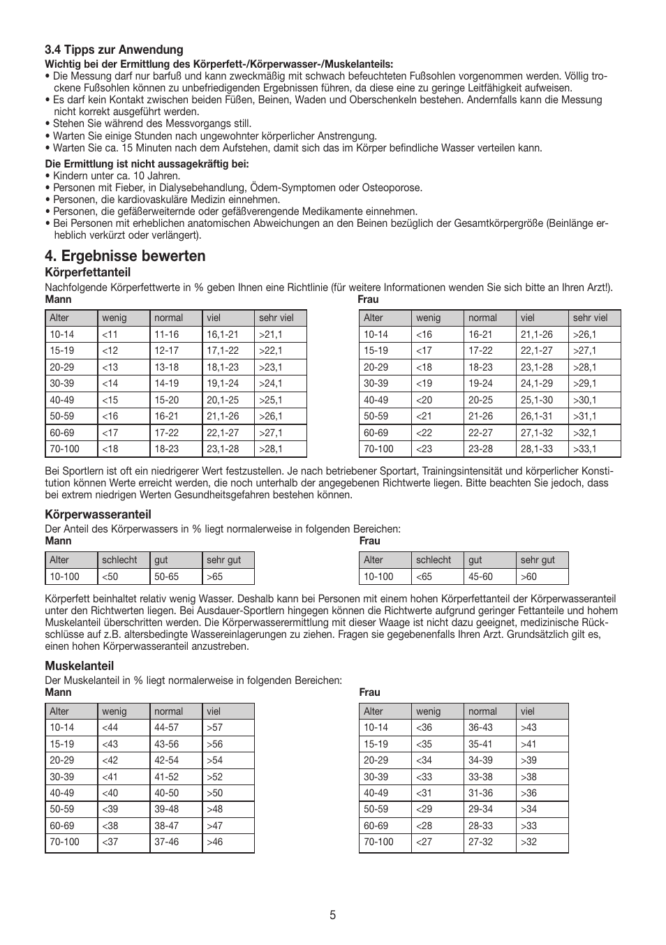 Ergebnisse bewerten, 4 tipps zur anwendung, Körperfettanteil | Körperwasseranteil, Muskelanteil | Beurer BF 480 User Manual | Page 5 / 32