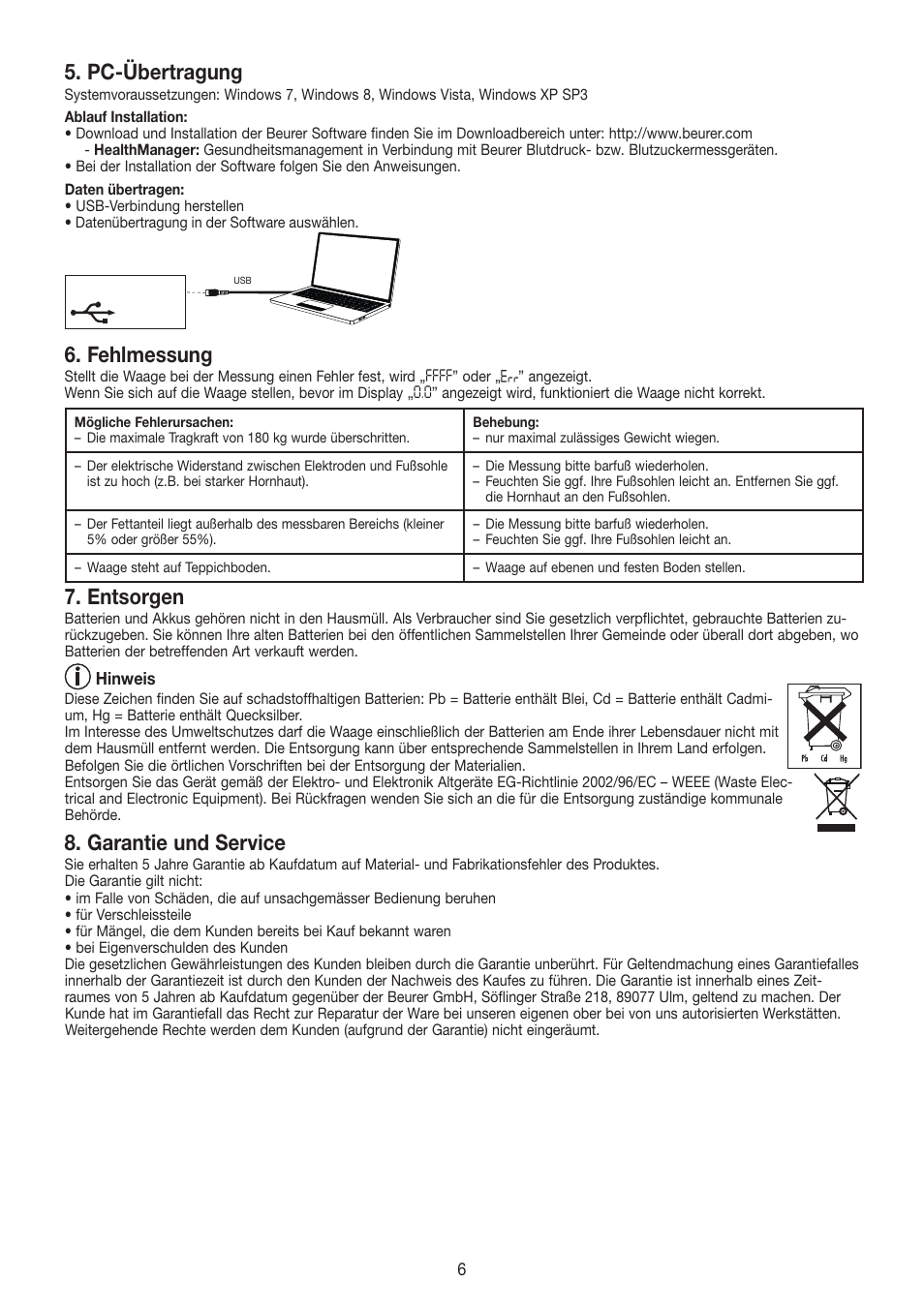 Pc-übertragung, Fehlmessung, Entsorgen | Garantie und service | Beurer BF 480 User Manual | Page 6 / 32