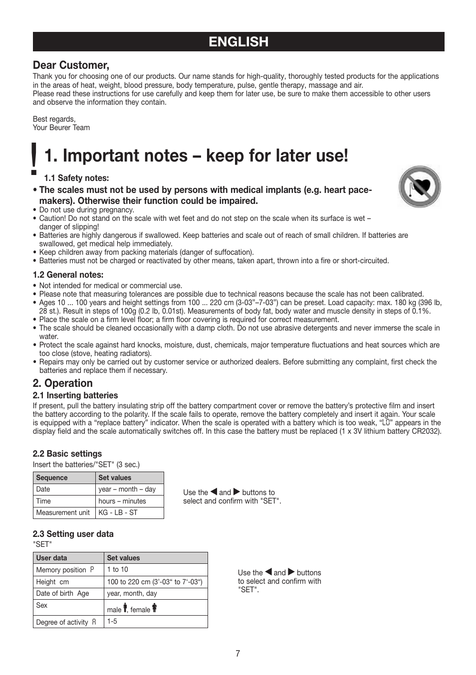 English, Dear customer, Operation | Beurer BF 480 User Manual | Page 7 / 32