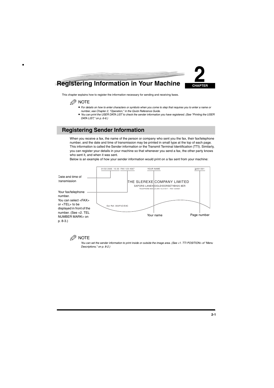 Registering information in your machine, Registering sender information, Chapter 2 | Registering sender information -1 | Canon MF5770 User Manual | Page 11 / 68
