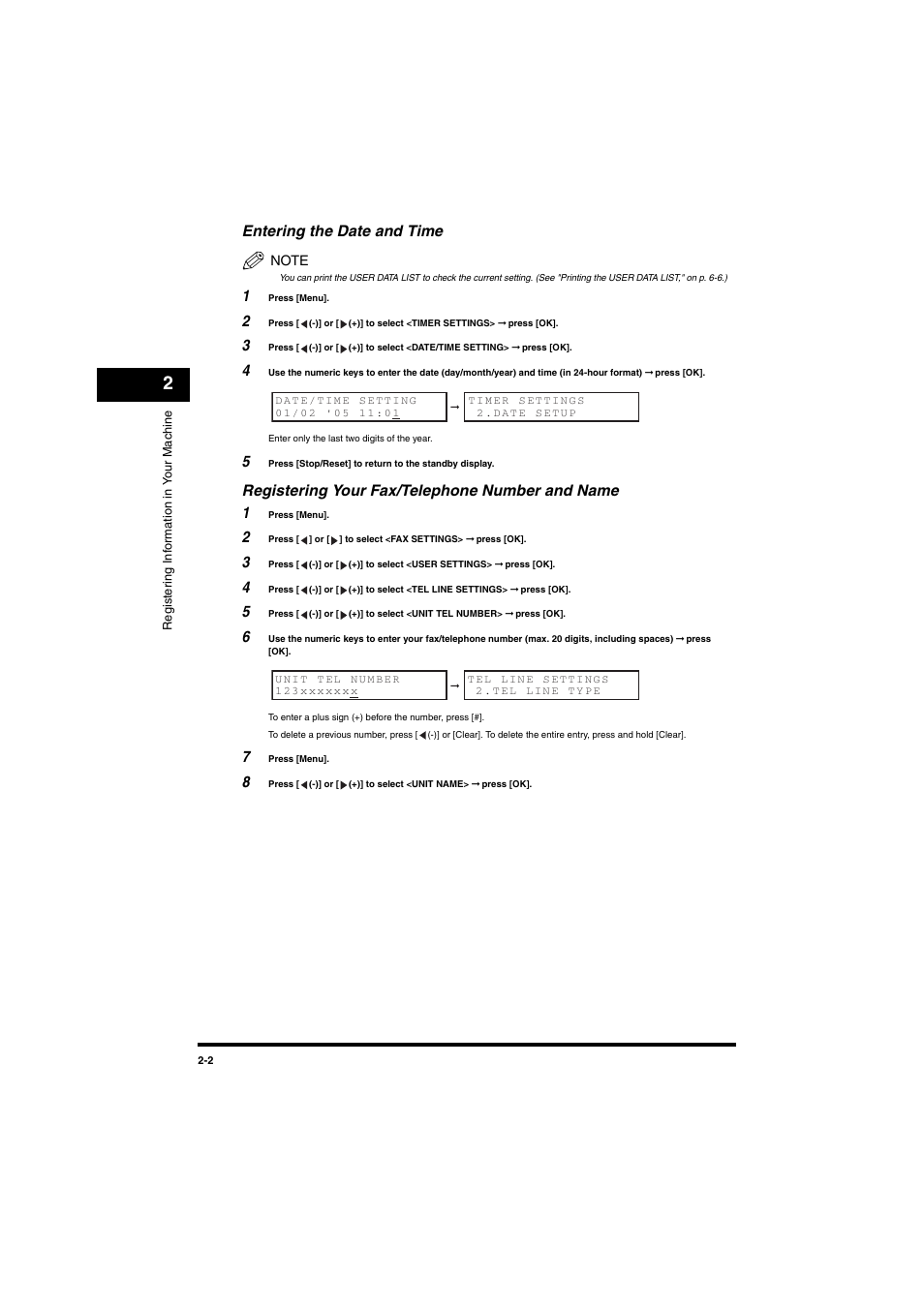 Entering the date and time, Registering your fax/telephone number and name, Registering your fax/telephone number and name 1 | Canon MF5770 User Manual | Page 12 / 68